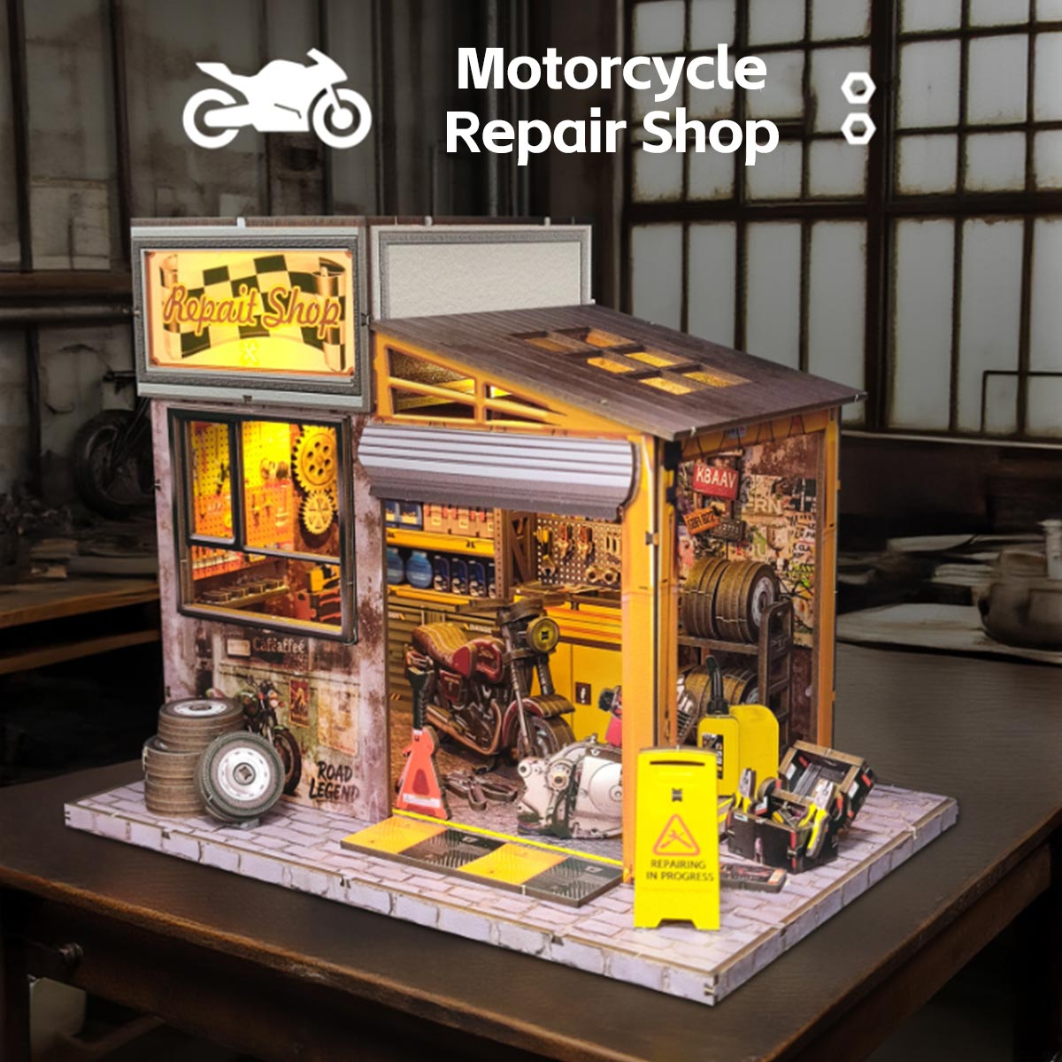 DIY Miniature Motorcycle Repair Shop 3D Wooden Model Building Kit 213PCS - stirlingkit