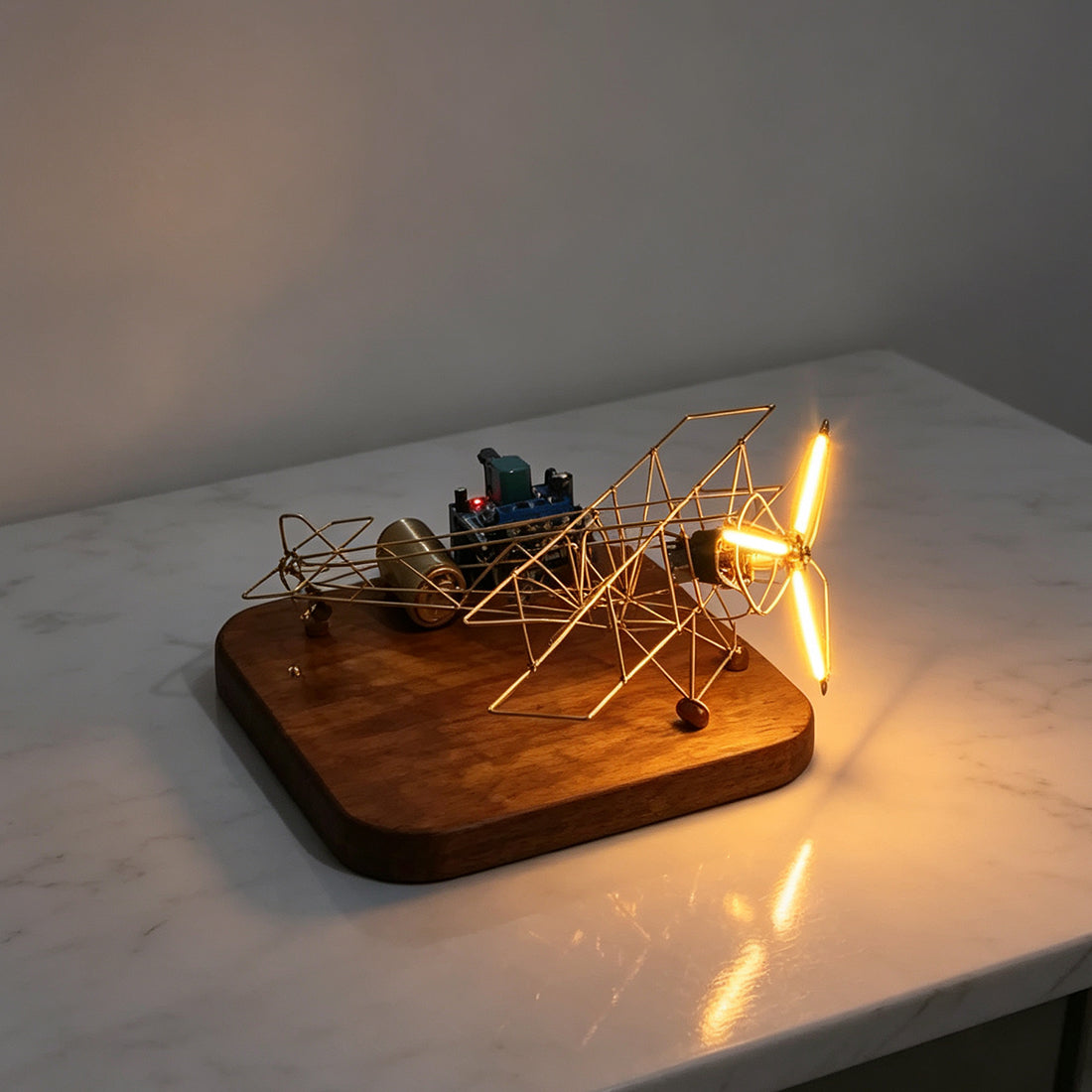 DIY WWI Biplane Airplane from Copper Wire and Edison LED Circuit Sculpture - stirlingkit