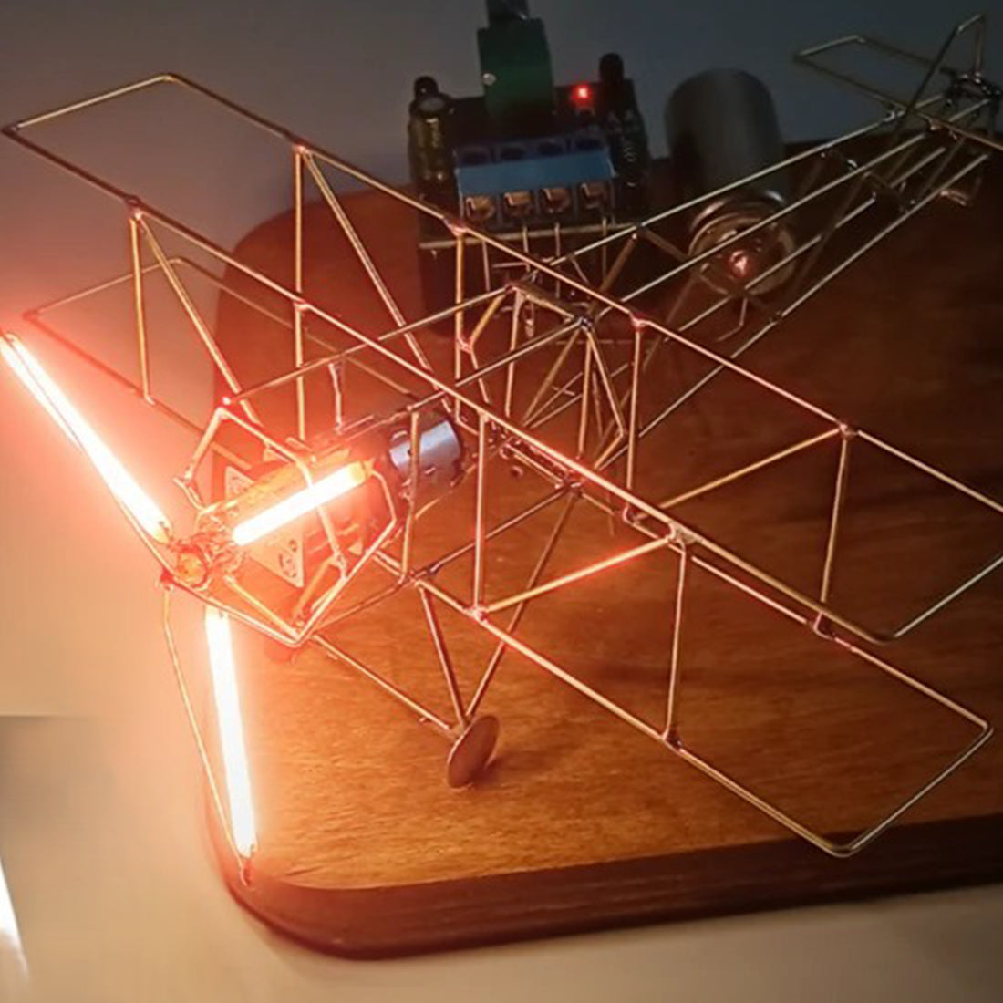 DIY WWI Biplane Airplane from Copper Wire and Edison LED Circuit Sculpture - stirlingkit