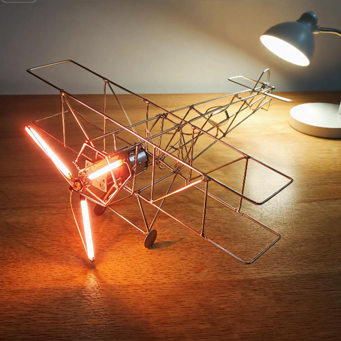DIY WWI Biplane Airplane from Copper Wire and Edison LED Circuit Sculpture - stirlingkit