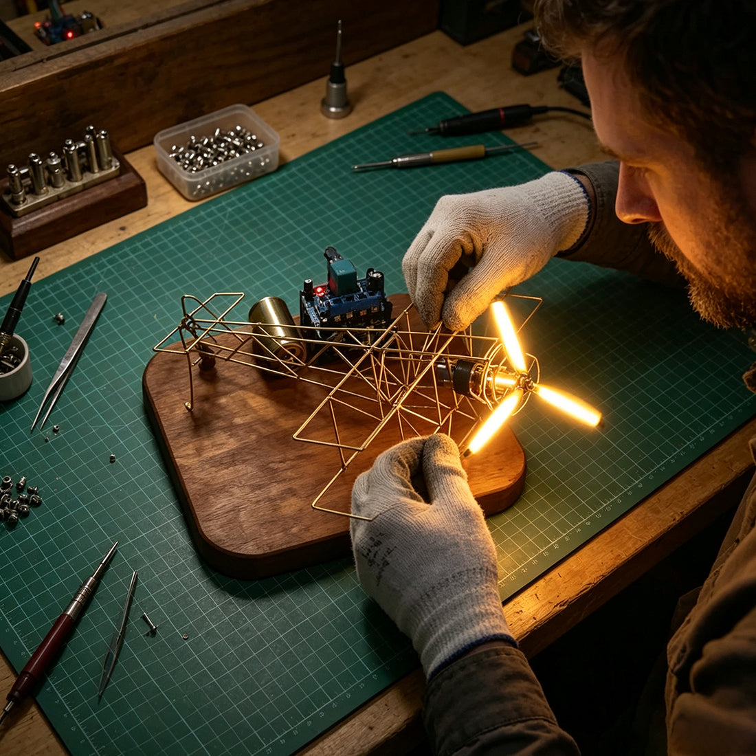 DIY WWI Biplane Airplane from Copper Wire and Edison LED Circuit Sculpture - stirlingkit