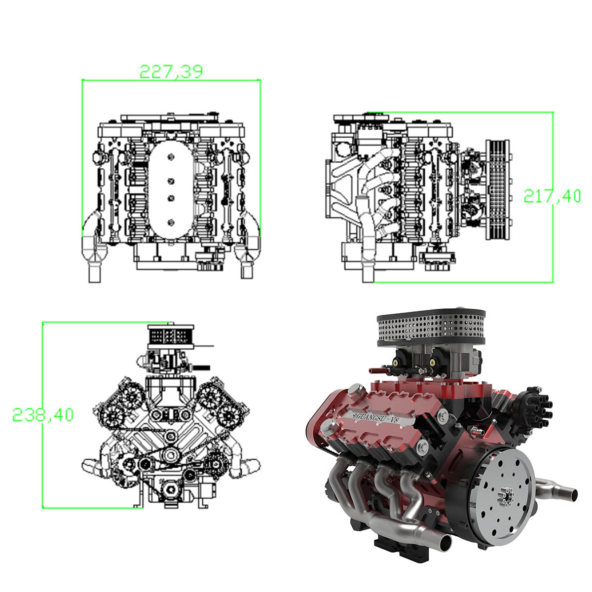 ENJOMOR V8 GS-V8 78CC DOHC Gasoline Water-cooled V8 Engine That Works with Starter Kit Full Set - stirlingkit