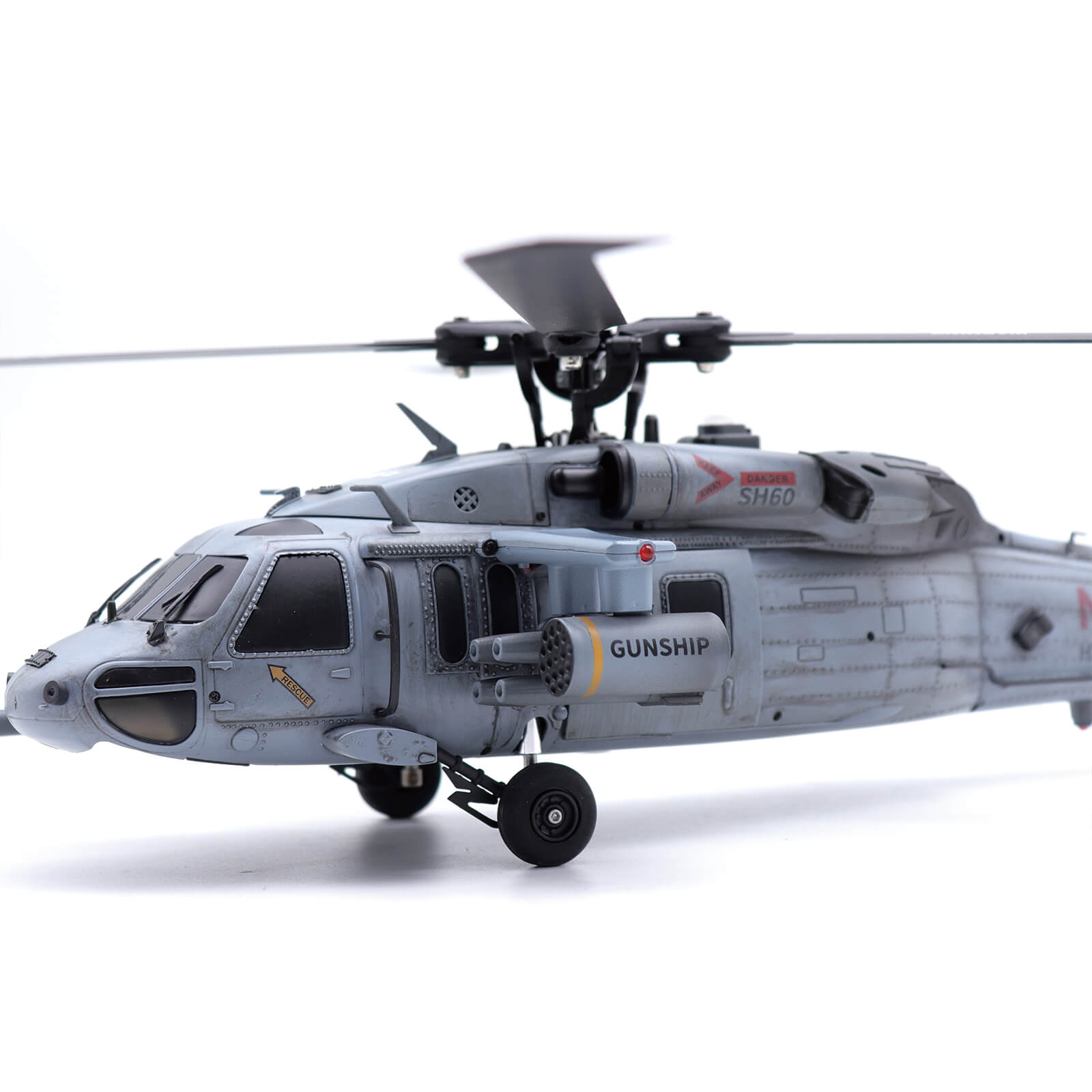 F09-H SH-60 Seahawk RC helicopter with hand-weathered battle-worn finish by Stirlingkit studio - salt-streaked haze grey, corrosion patches and exhaust staining