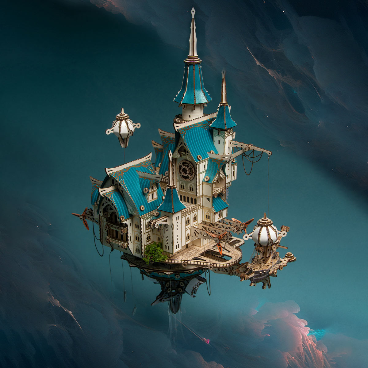Fantasy Steampunk Large Blue Castle 3D Wooden Model Building Kit 699PCS - stirlingkit