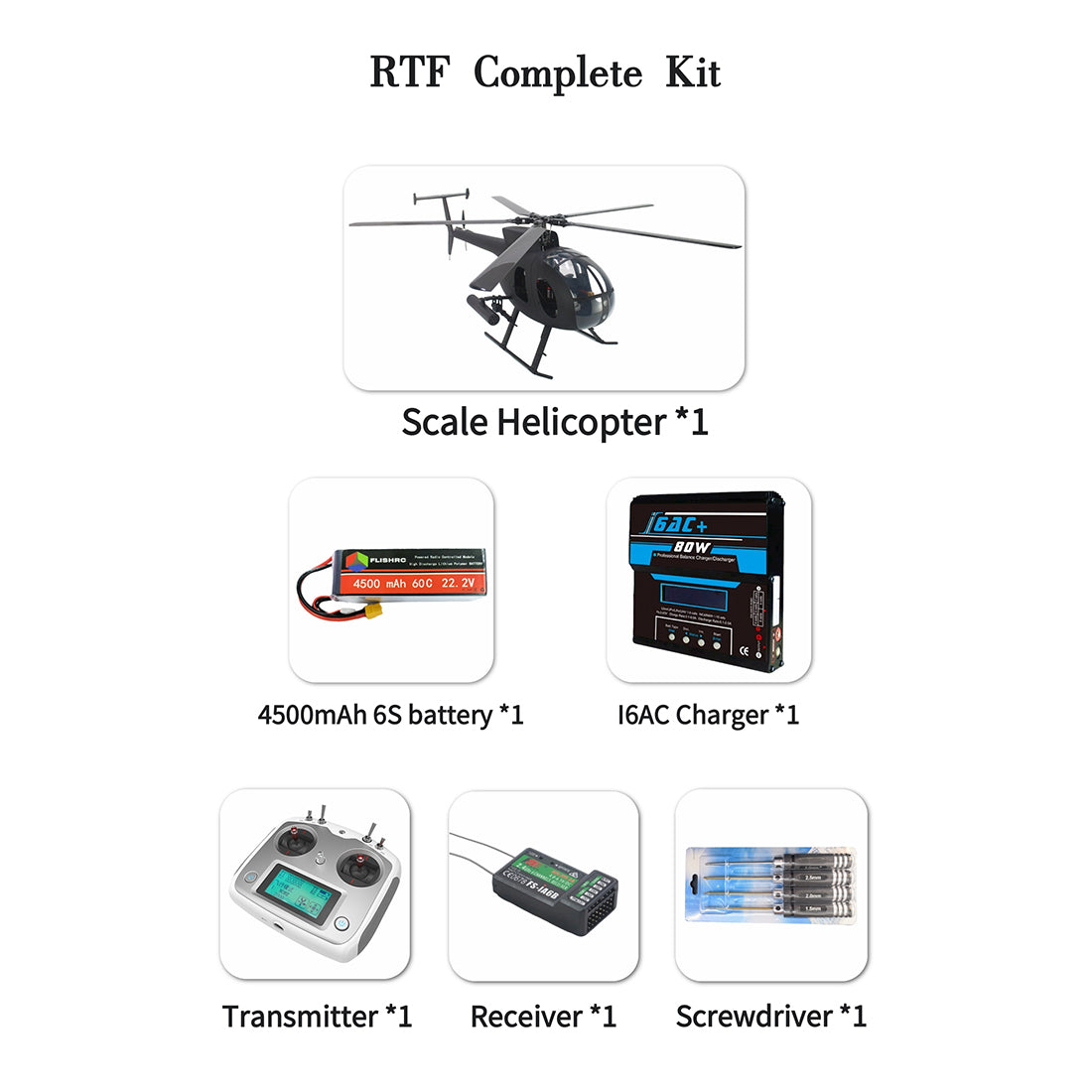 FLISHRC FL500 AH-6 Little Bird Super Large Scale RC Helicopter Model 500-Class 2.4G 6CH with L7 Flight Controller RTF - stirlingkit