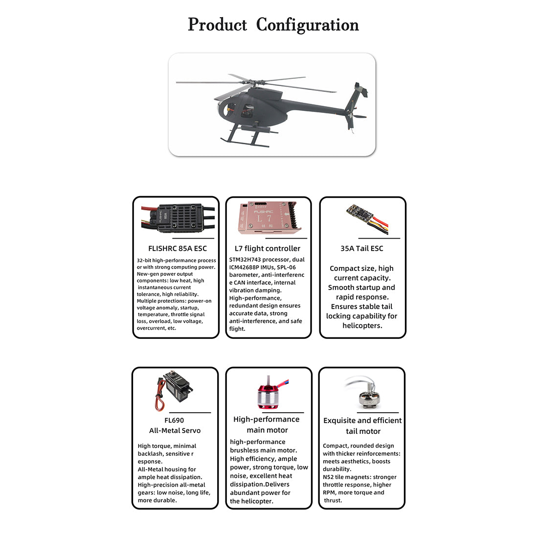 FLISHRC FL500 AH-6 Little Bird Super Large Scale RC Helicopter Model 500-Class 2.4G 6CH with L7 Flight Controller RTF - stirlingkit