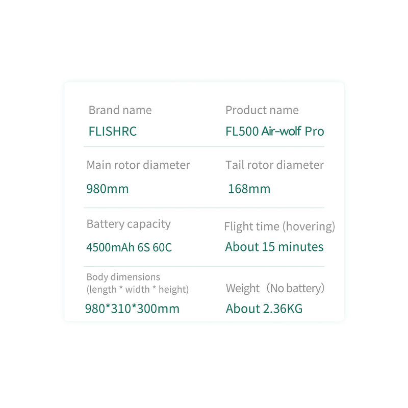 FLISHRC FL500 Air-wolf Pro 500-Class Huge Scale RC Helicopter Model with 4-Mode Positioning GPS 2.4G 6CH - stirlingkit
