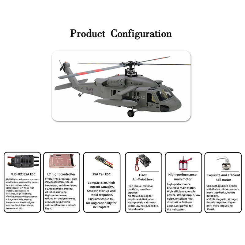 FLISHRC FL500 SH-60 Seahawk 500-Class 2.4G 6CH Large Scale GPS RC Helicopter Model with L7 Flight Controller Cockpit - stirlingkit