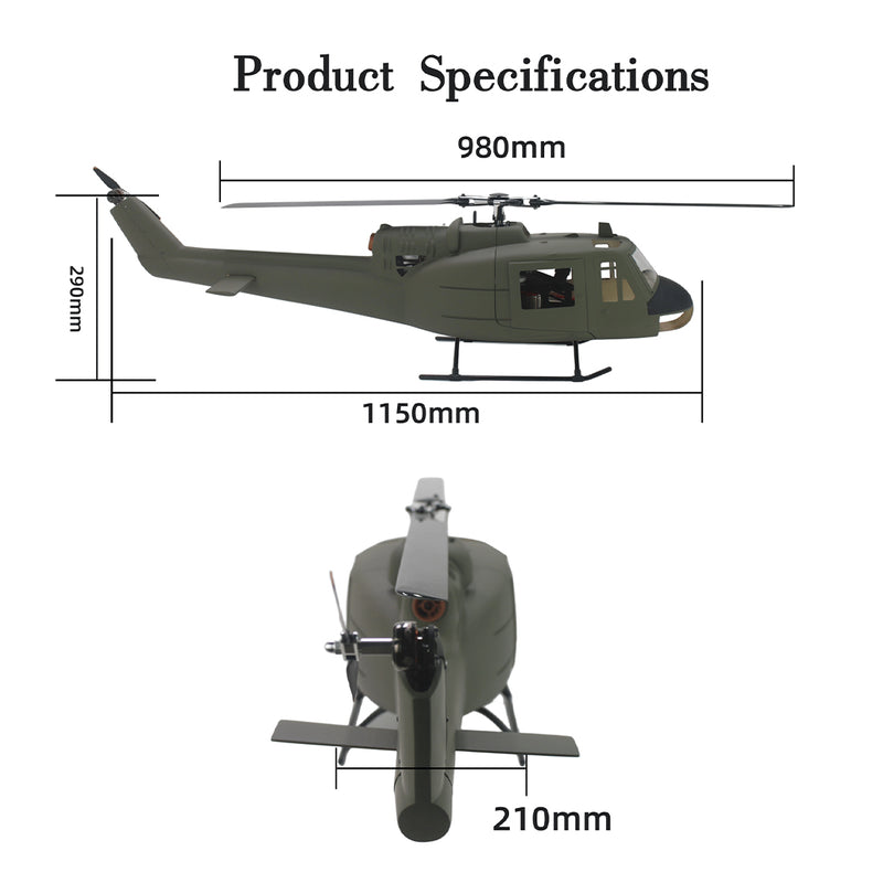 FLISHRC FL500 UH-1 Huey 500-Class Huge Scale GPS RC Helicopter Model 2.4G 6CH Gunship Model RTF - stirlingkit
