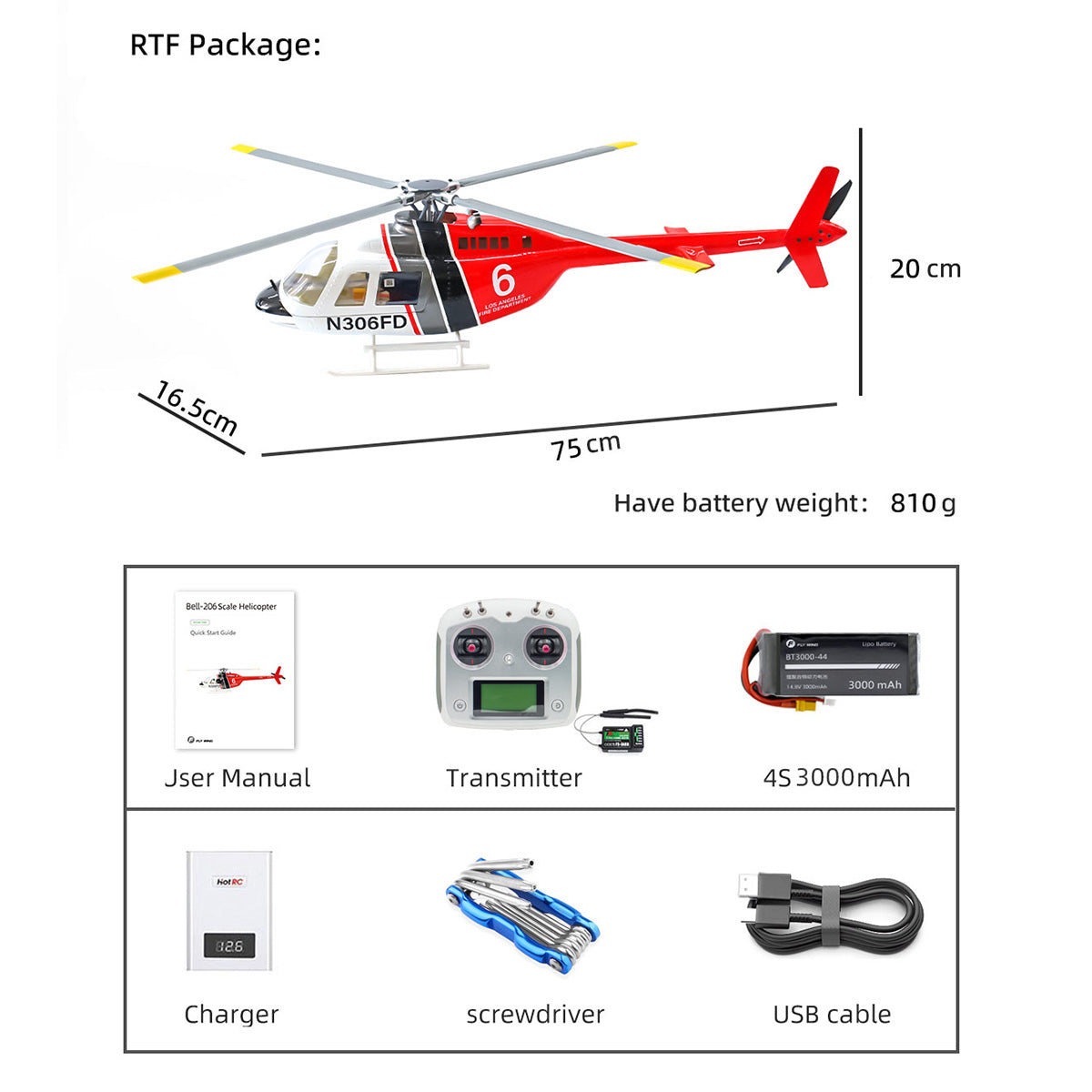FLYWING Bell 206 RC Helicopter Model 470-Class 2.4G RC 6CH Rescue Airplane - stirlingkit