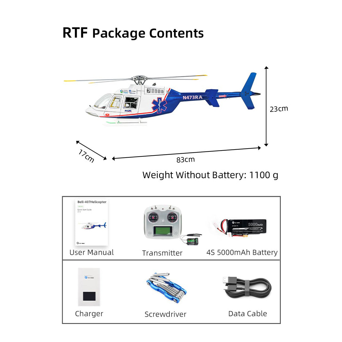 FLYWING BELL-407 470 Class RTF GPS Large RC Helicopter Model with ACE Flight Controller - stirlingkit