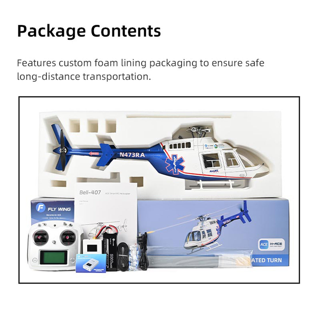 FLYWING BELL-407 470 Class RTF GPS Large RC Helicopter Model with ACE Flight Controller - stirlingkit