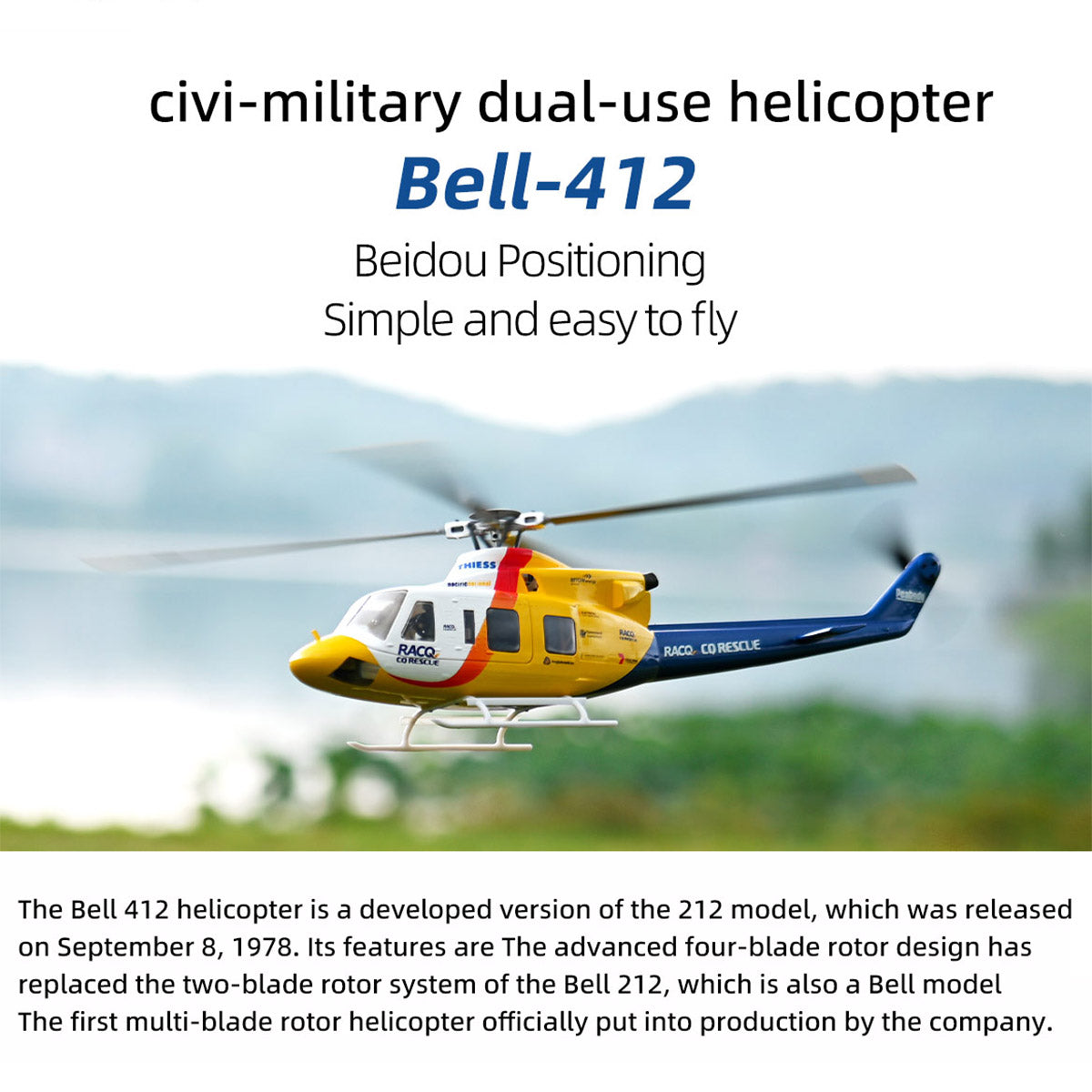FLYWING BELL-412-V4 RC Military Rescue Helicopter 470-Class 2.4G 6CH RTF RC Airplane Model - stirlingkit