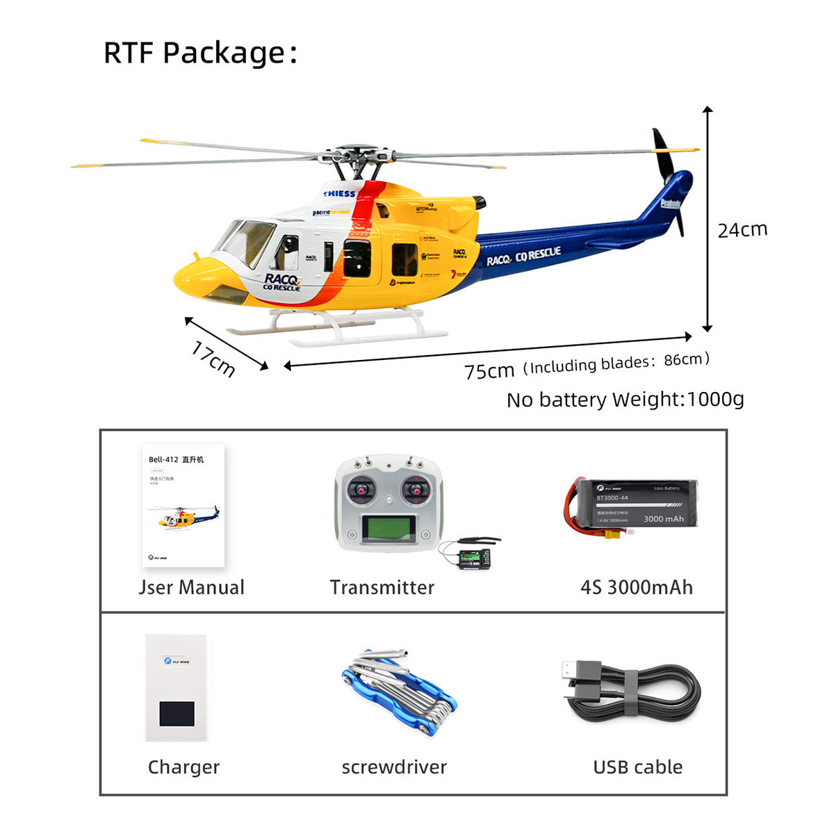 FLYWING BELL-412-V4 RC Military Rescue Helicopter 470-Class 2.4G 6CH RTF RC Airplane Model - stirlingkit
