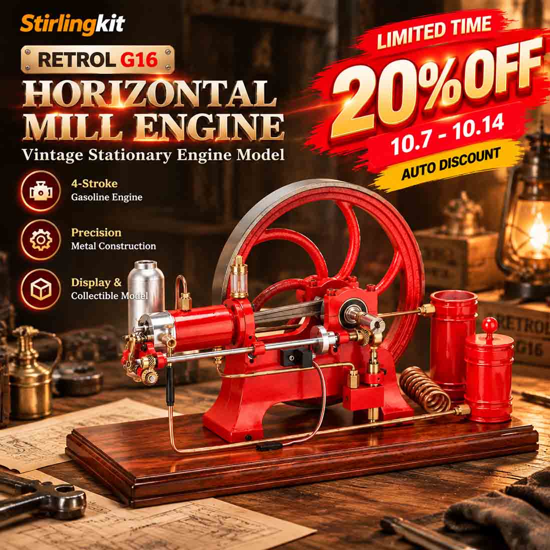 RETROL Vintage Horizontal Mill Engine Stationary Engine Model 4 Stroke Gasoline ICE G16 - stirlingkit