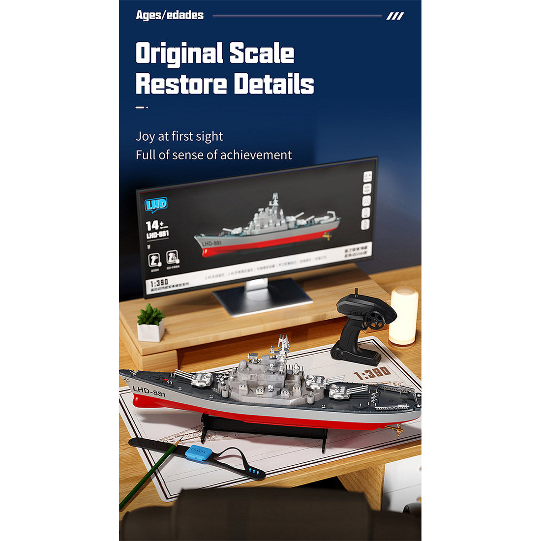 LHD-881 RC Boat 1/390 2.4G RC Electric High-Frequency Twin-Engine Battleship Model - stirlingkit