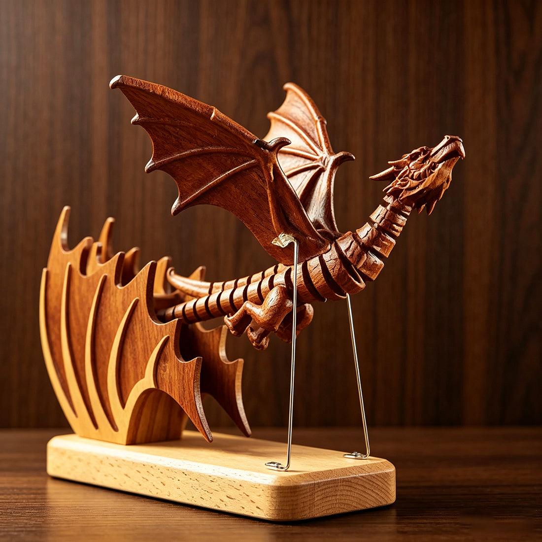Mechanical Gothic Dragon Kinetic Handcrafted Wood Sculpture - stirlingkit