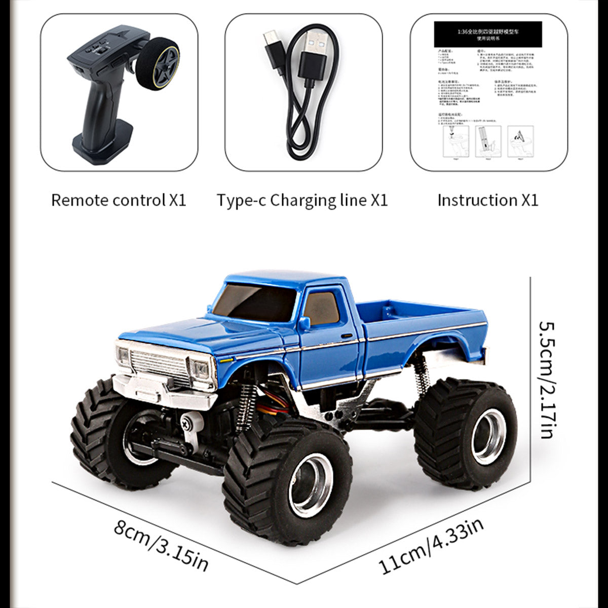 Mini RC Monster Truck F150 2.4G 4WD Full Proportional Desktop Off-Road Bigfoot 4X4 RC Car Crawler Model RTR 1/36 - stirlingkit