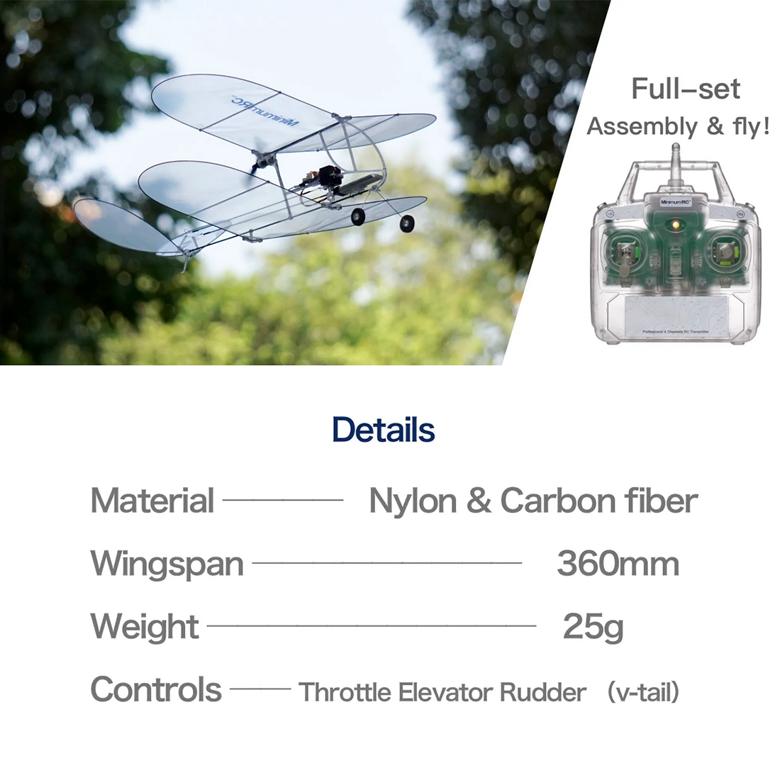MinimumRC Shrimp V2 Mini Fixed-Wing Aircraft RC 3CH Ultralight Biplane Model Toy - stirlingkit