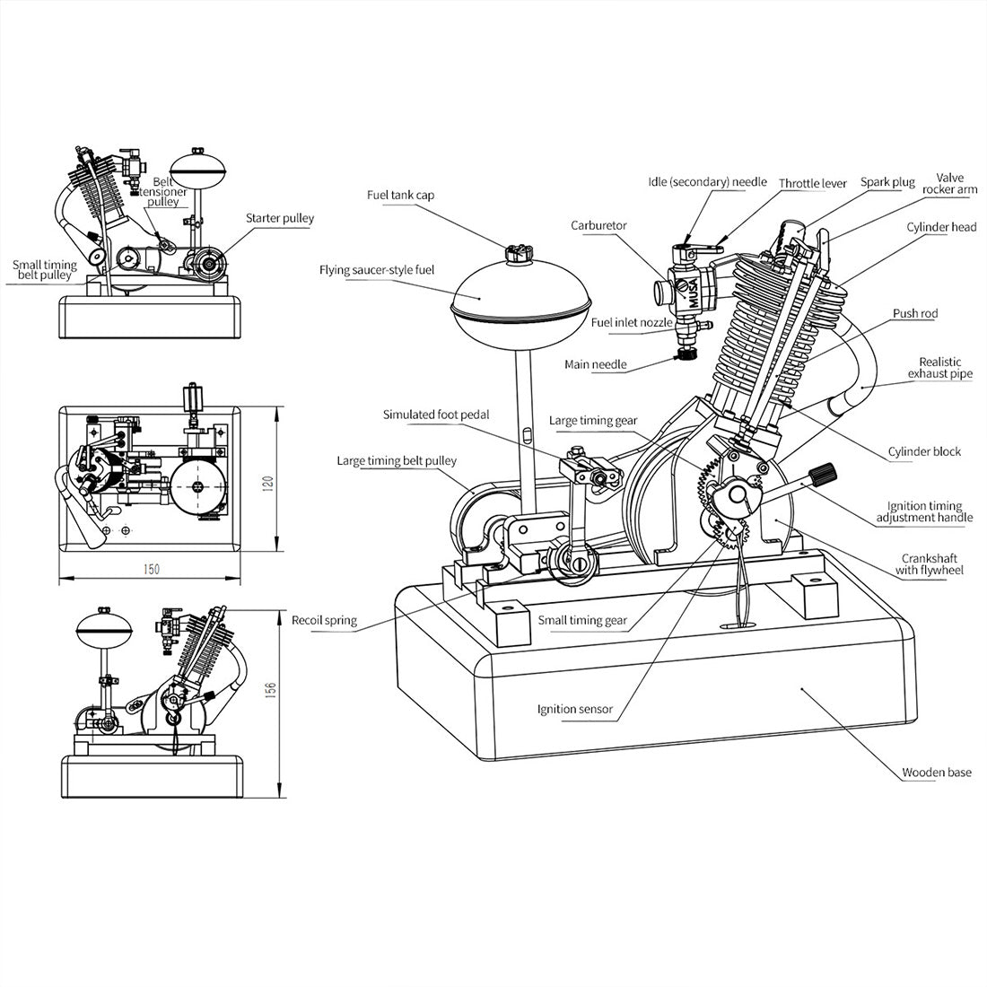 MUSA Hoglet V1 Single-Cylinder 4-Stroke Kickstart Mini Gas Motorcycle Engine Model RTR Version Biker Gift - stirlingkit