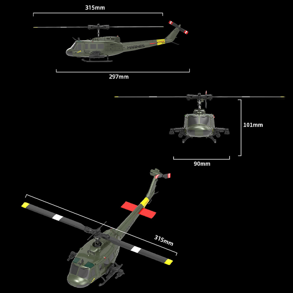 RC ERA C032 UH-1 Huey RTF 2.4G 6CH Flybarless 1/48 RC Helicopter Model for Beginner - stirlingkit
