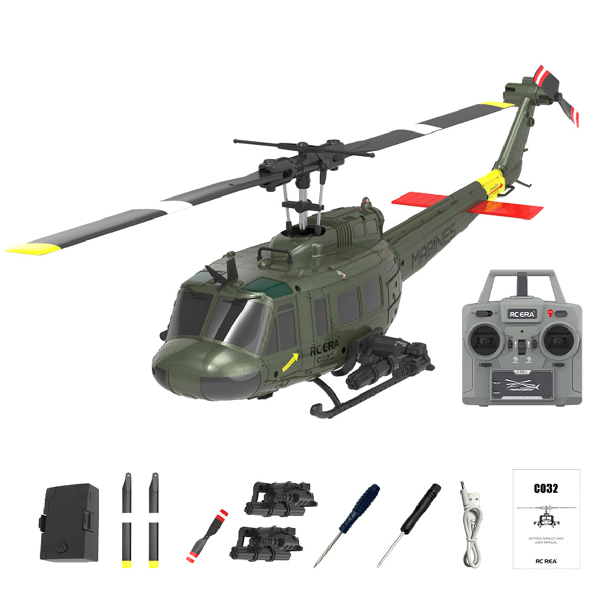 RC ERA C032 UH-1 Huey RTF 2.4G 6CH Flybarless 1/48 RC Helicopter Model for Beginner - stirlingkit