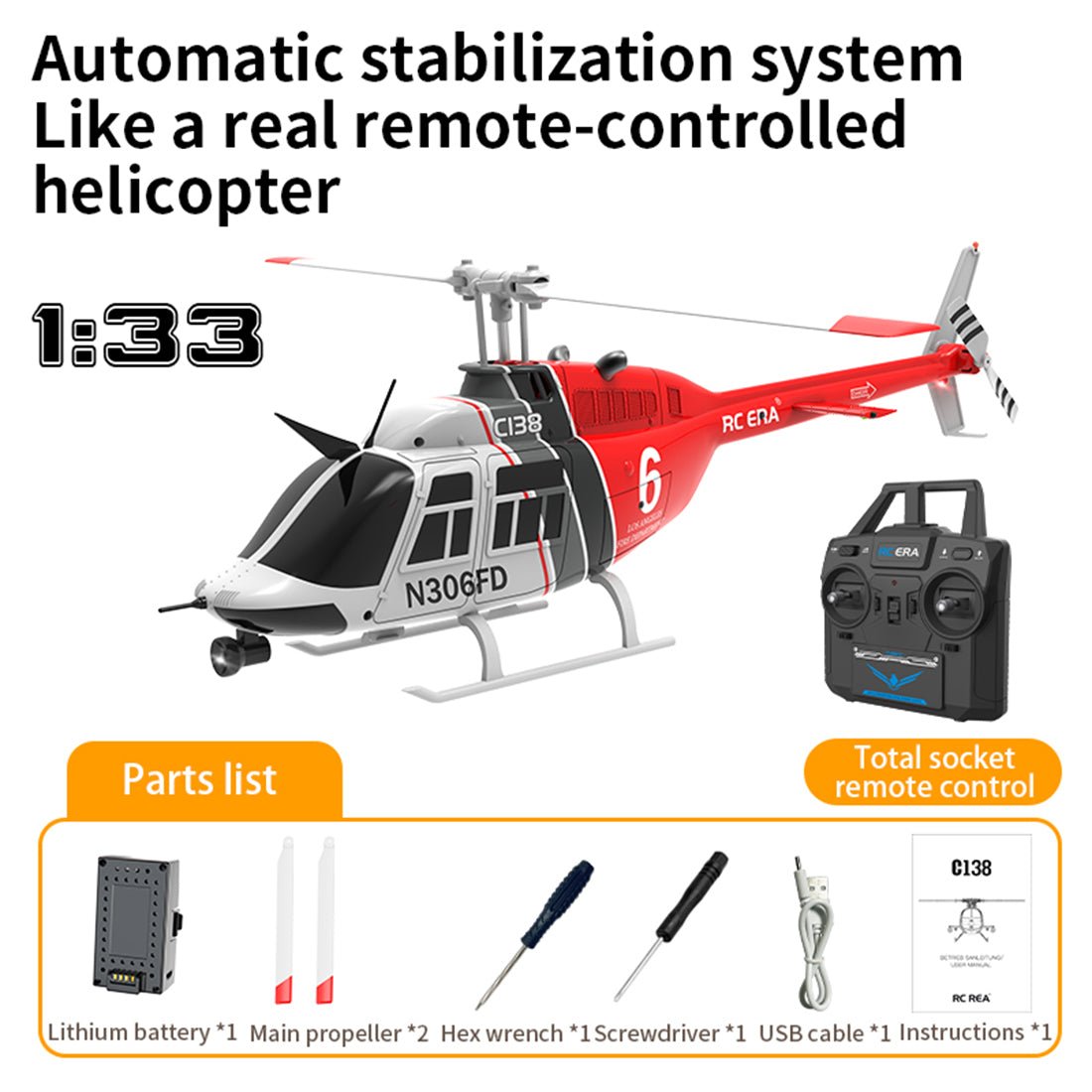 RC ERA C138 206 RC Helicopter 2.4G 6CH 1/33 Scale No Aileron Helicopter with Altitude Hold - stirlingkit