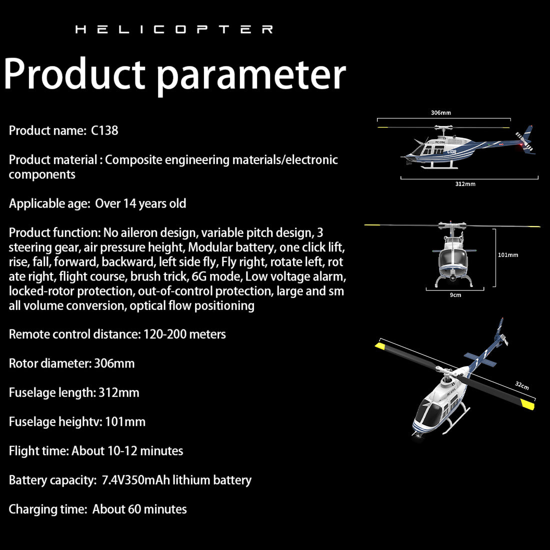 RC ERA C138 206 RC Helicopter 2.4G 6CH 1/33 Scale No Aileron Helicopter with Altitude Hold - stirlingkit