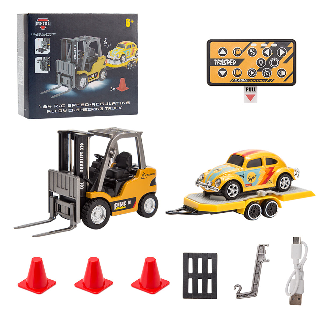 RC Forklift Remote Control Forklift With Flatbed Trailer Pullback Car 1/64 Scale 2.4G Kids Toy - stirlingkit