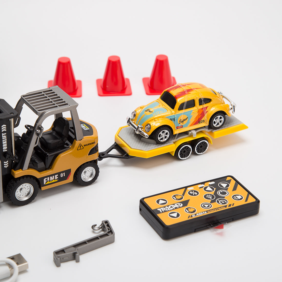 RC Forklift Remote Control Forklift With Flatbed Trailer Pullback Car 1/64 Scale 2.4G Kids Toy - stirlingkit