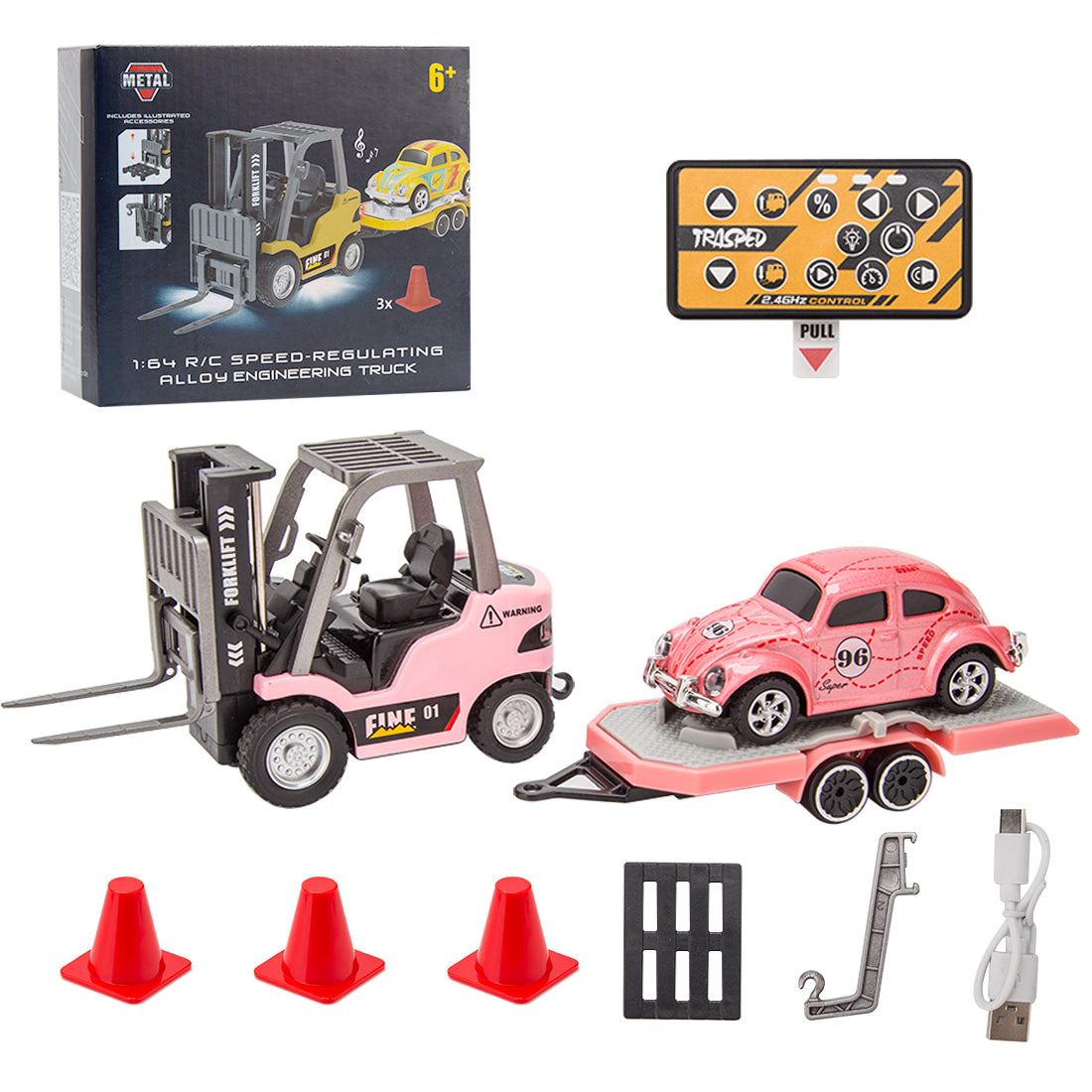RC Forklift Remote Control Forklift With Flatbed Trailer Pullback Car 1/64 Scale 2.4G Kids Toy - stirlingkit