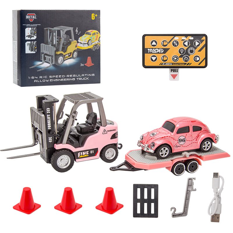 RC Forklift Remote Control Forklift With Flatbed Trailer Pullback Car 1/64 Scale 2.4G Kids Toy
