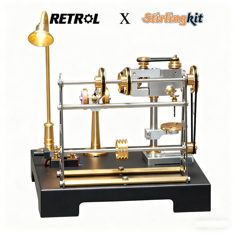 RETROL GF-01 miniature line shaft workshop model with drill press, pedestal grinder and street lamp