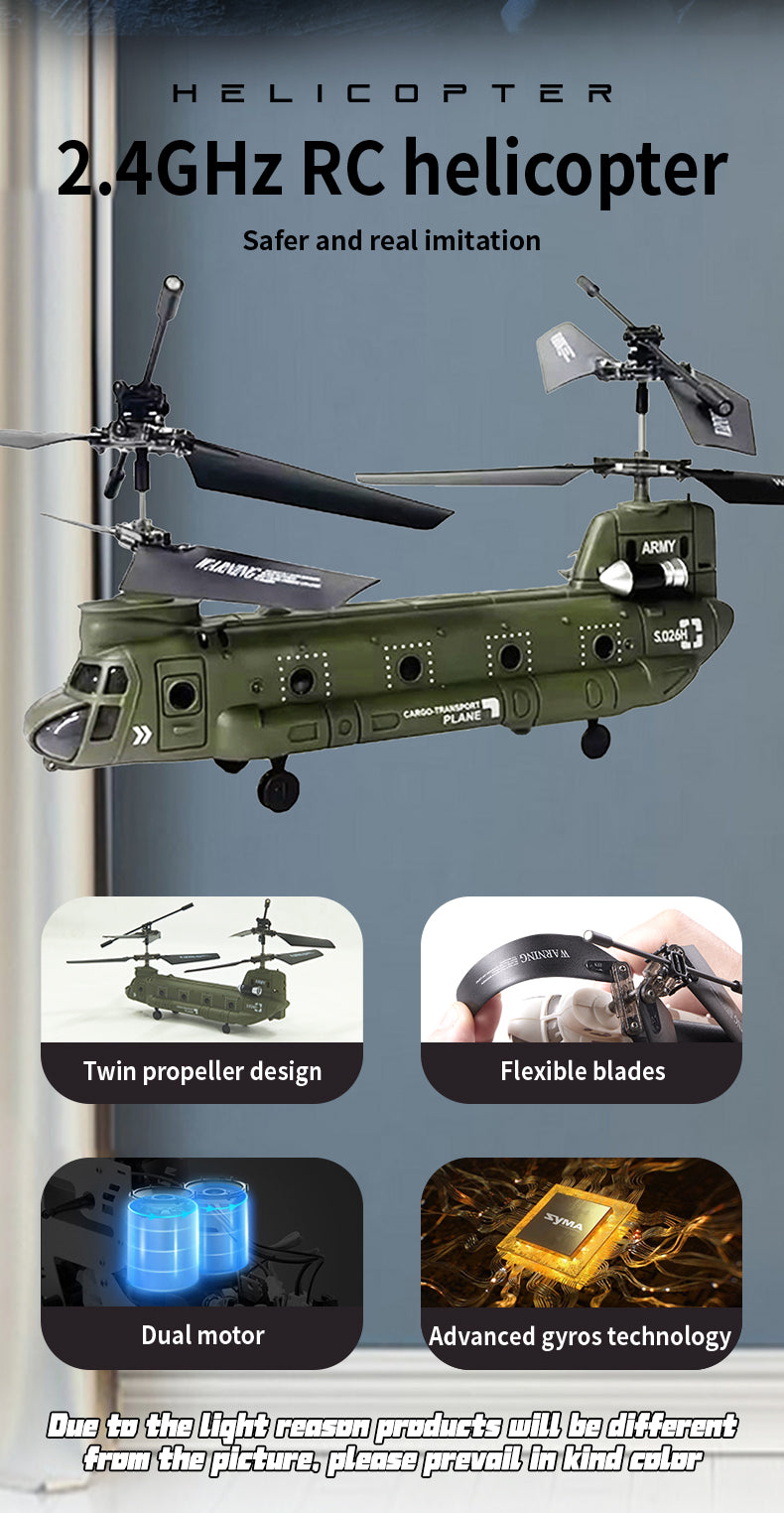 S026H Dual-Rotor Transport Aircraft 2.4G RC 3CH Tandem Rotor Military RC Helicopter Model RTF - stirlingkit
