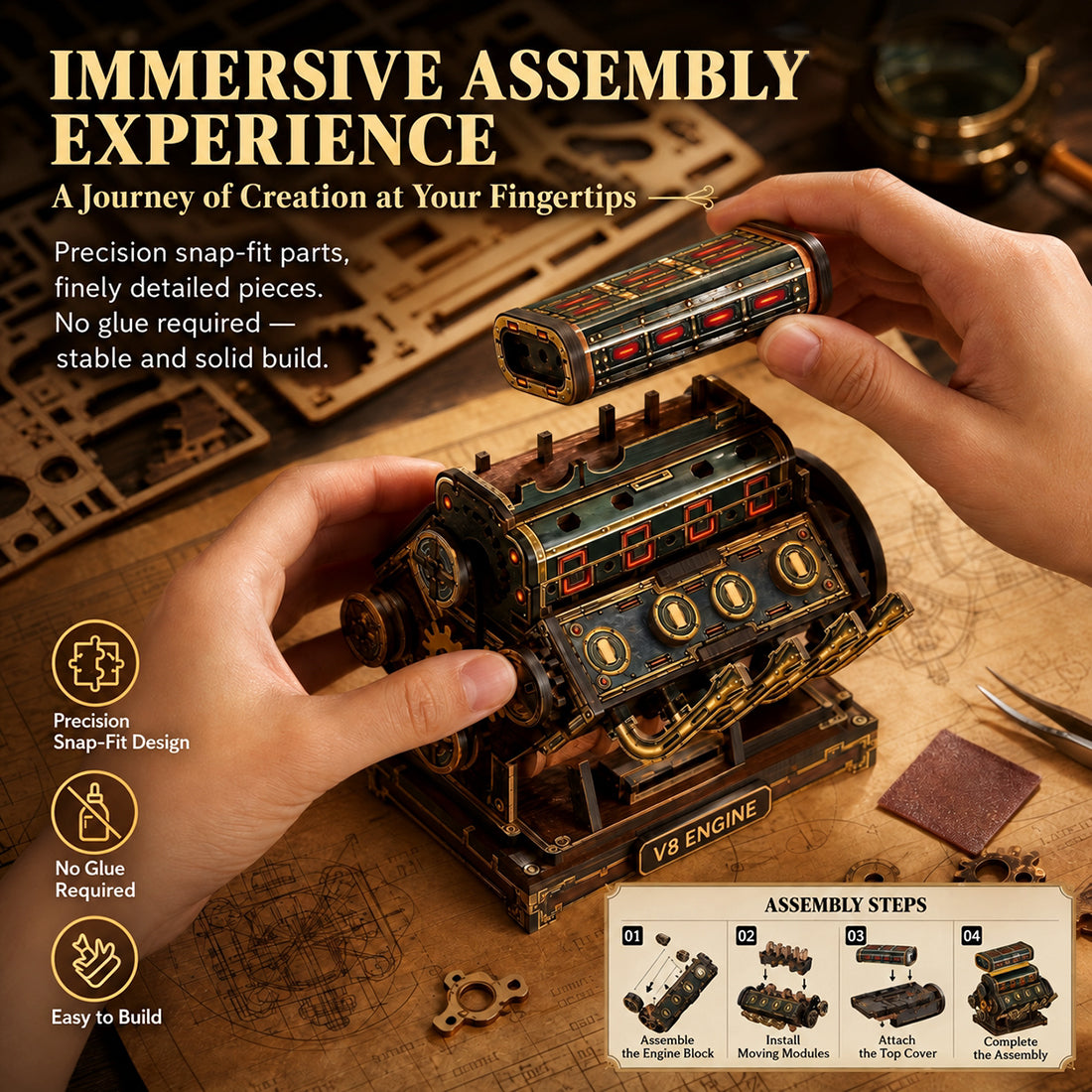 Steampunk Supercharged V8 Engine Model Kit that Works 1000PCS Retro Wooden Toy