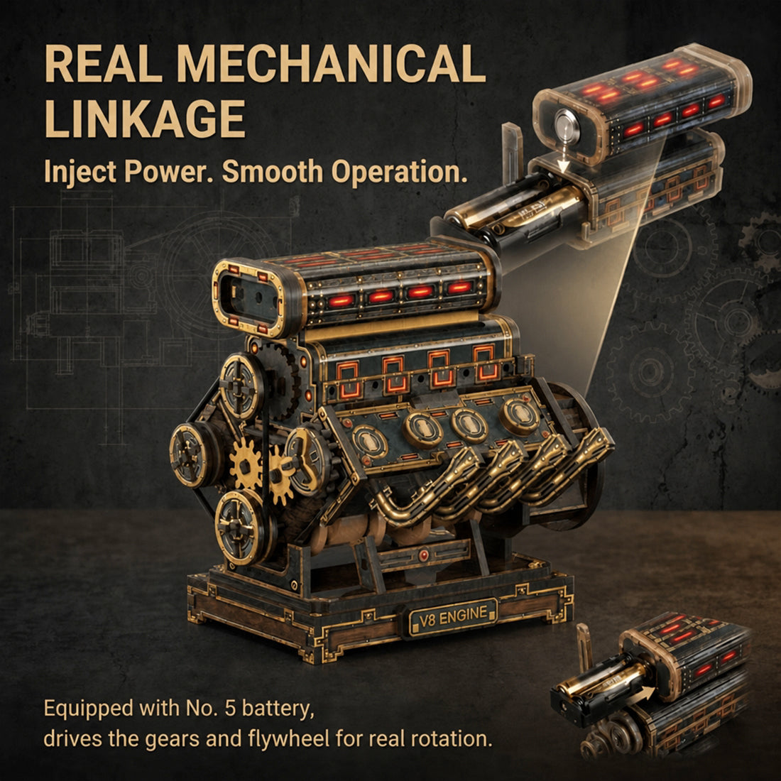 Steampunk Supercharged V8 Engine Model Kit that Works 1000PCS Retro Wooden Toy