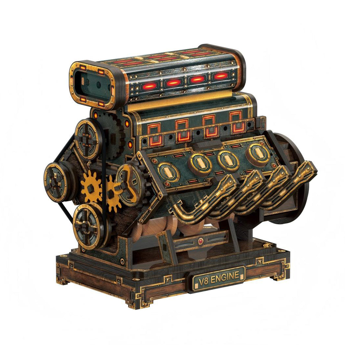 Steampunk Supercharged V8 Engine Model Kit that Works 1000PCS Retro Wooden Toy