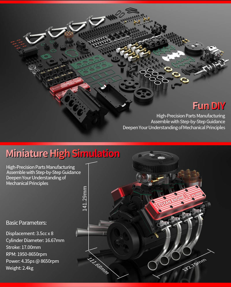 Mini Engine Build Model TOYAN FS-V800WGPC 1/10 Mini V8 Engine Model Building kits Run on Gas ...