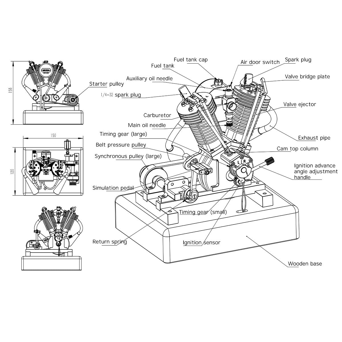 MUSA Hoglet Mini V-twin Engine V2 Gasoline 4-Stroke Engine Motorcycle With Kickstarter - stirlingkit