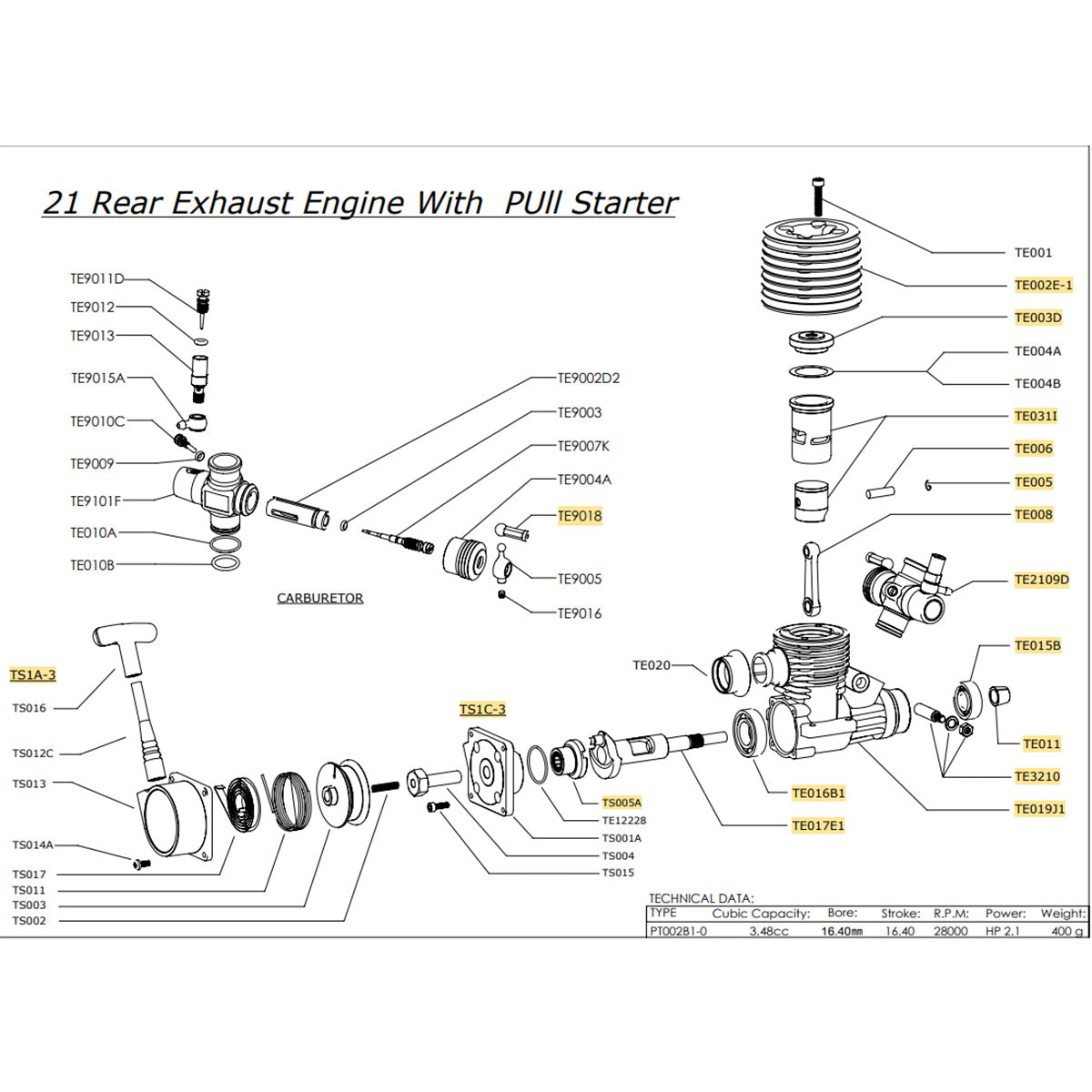 VRX Racing SH.21 3.48cc Rear Exhaust Engine Model with Pull Starter for 1/8 Scale Nitro RC Car - stirlingkit