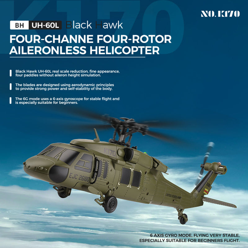 Helicóptero RC UH-60L Black Hawk K170 - Escala 1:70, 4 Canales, Vuelo Estable Con 6G, 2 Baterías Incluidas, Para Mayores De 16 Años