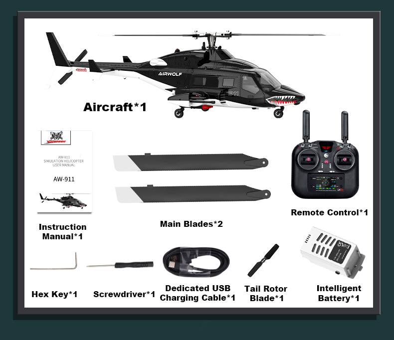 WOLFBUSH AW-911 Airwolf 1/34 Scale RC Helicopter Smart GPS 2.4G 9CH 6G/3D Stunt RC Airplane - stirlingkit
