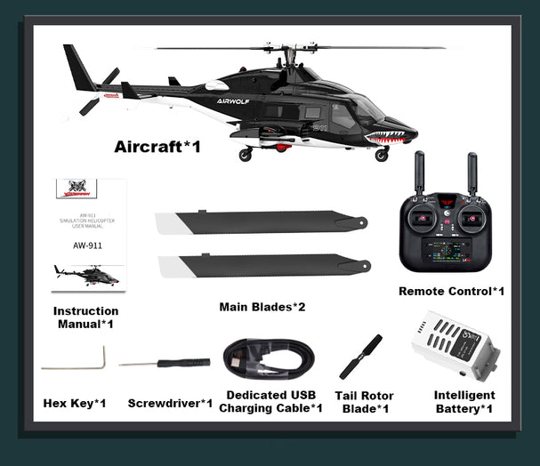 WOLFBUSH AW-911 Airwolf 1/34 Scale RC Helicopter Smart GPS 2.4G 9CH 6G/3D Stunt RC Airplane - stirlingkit