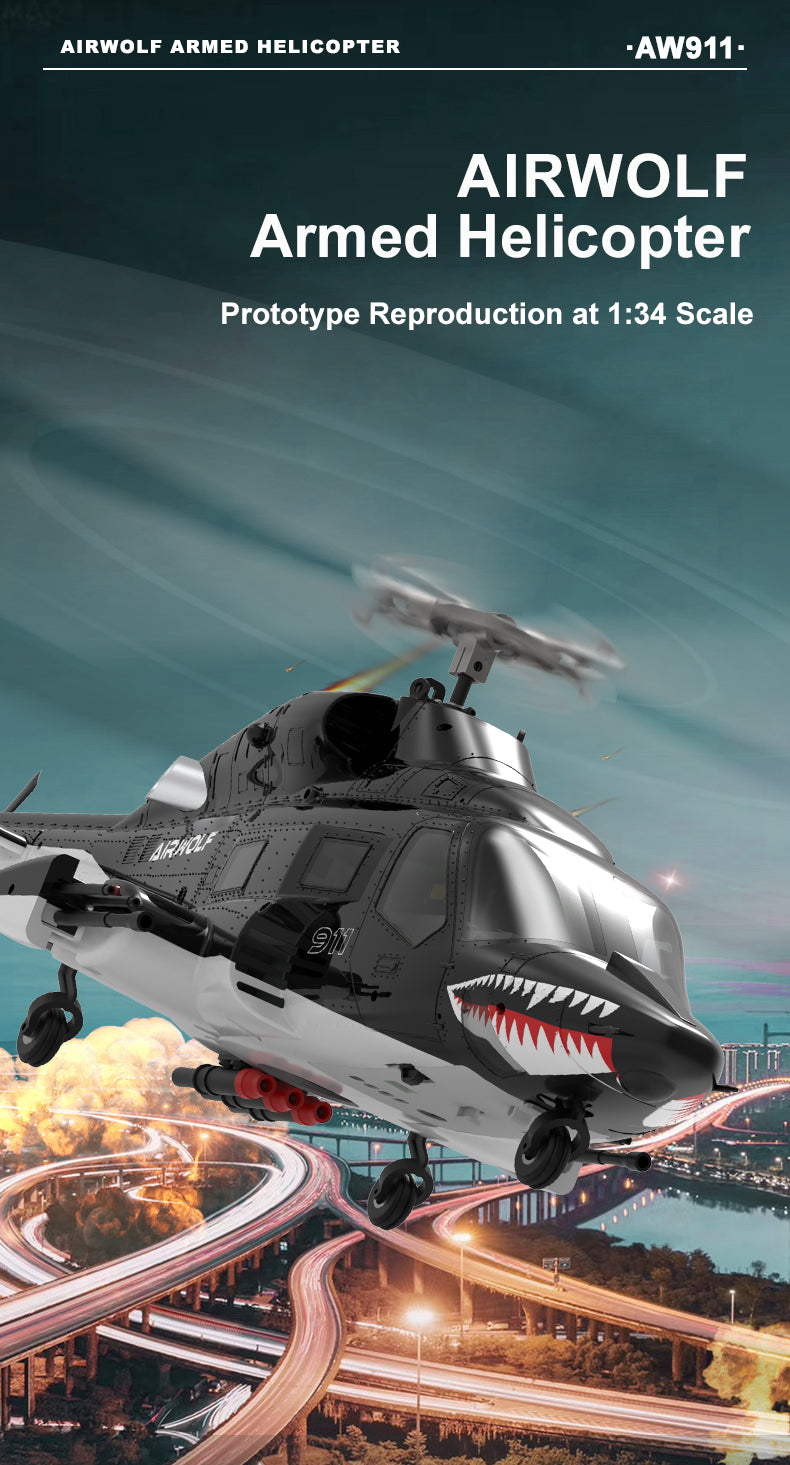 WOLFBUSH AW-911 Airwolf 1/34 Scale RC Helicopter Smart GPS 2.4G 9CH 6G/3D Stunt RC Airplane - stirlingkit