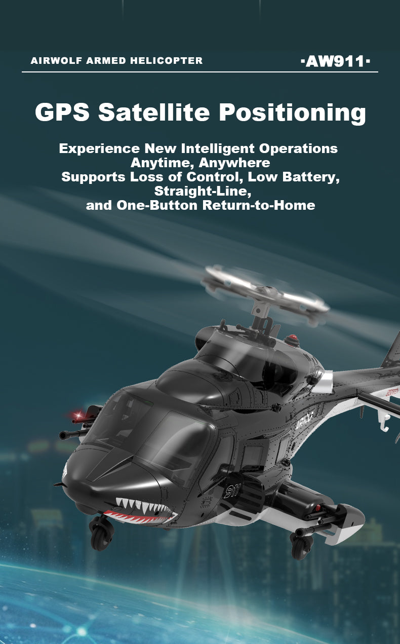 WOLFBUSH AW-911 Airwolf 1/34 Scale RC Helicopter Smart GPS 2.4G 9CH 6G/3D Stunt RC Airplane - stirlingkit
