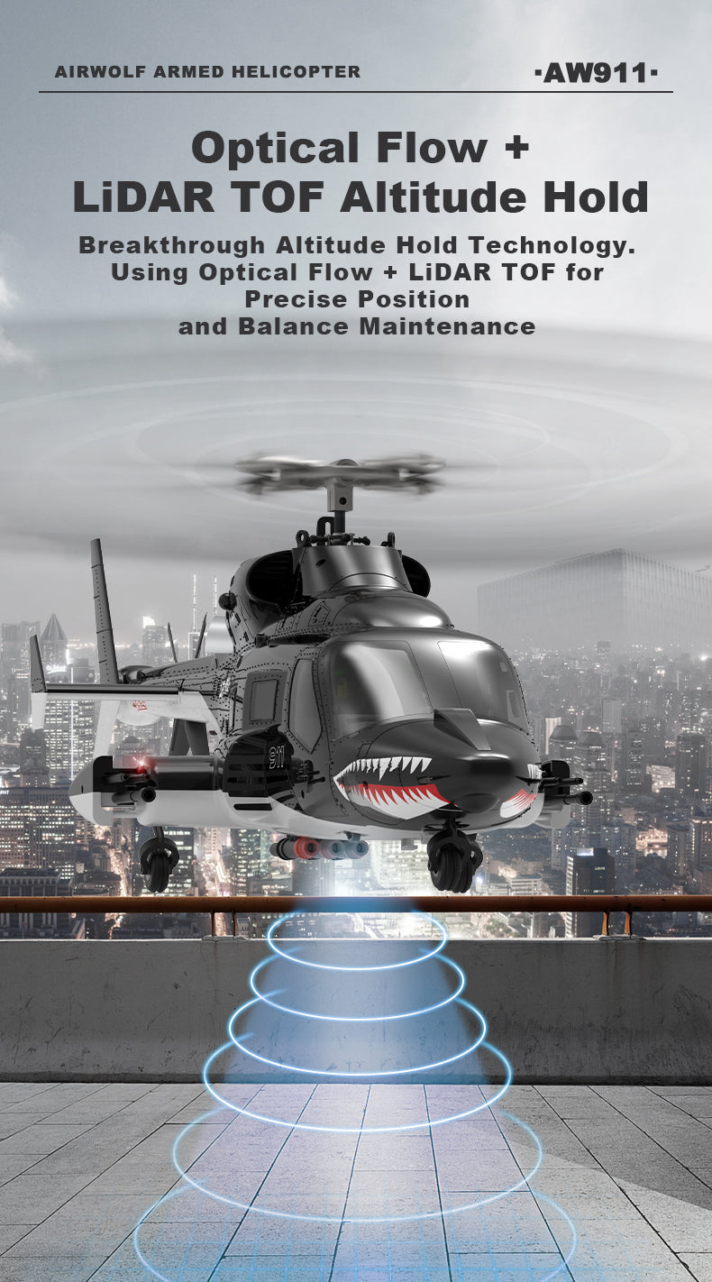 WOLFBUSH AW-911 Airwolf 1/34 Scale RC Helicopter Smart GPS 2.4G 9CH 6G/3D Stunt RC Airplane - stirlingkit