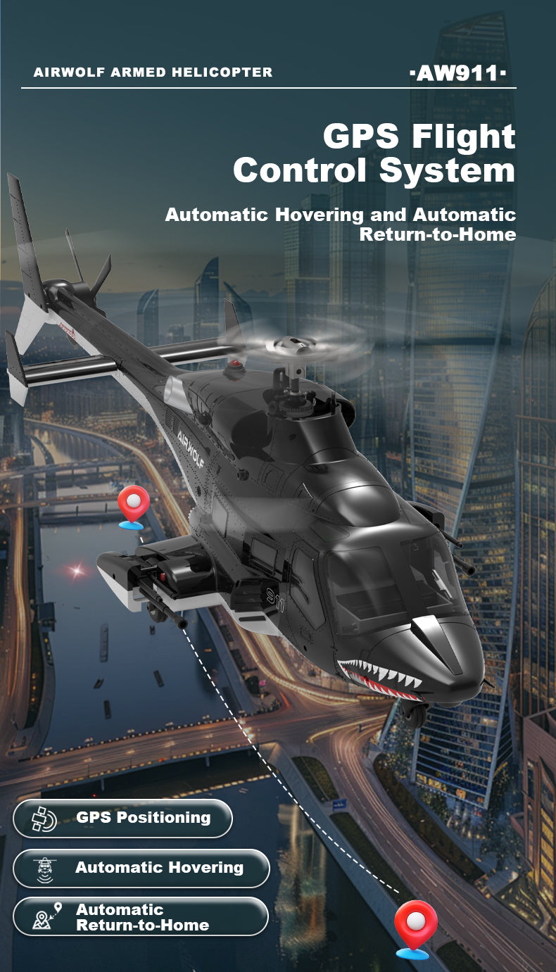 WOLFBUSH AW-911 Airwolf 1/34 Scale RC Helicopter Smart GPS 2.4G 9CH 6G/3D Stunt RC Airplane - stirlingkit