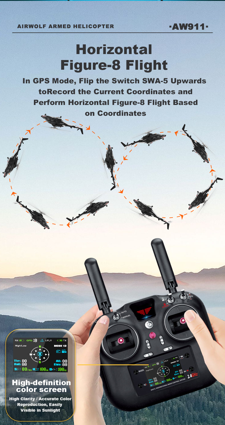 WOLFBUSH AW-911 Airwolf 1/34 Scale RC Helicopter Smart GPS 2.4G 9CH 6G/3D Stunt RC Airplane