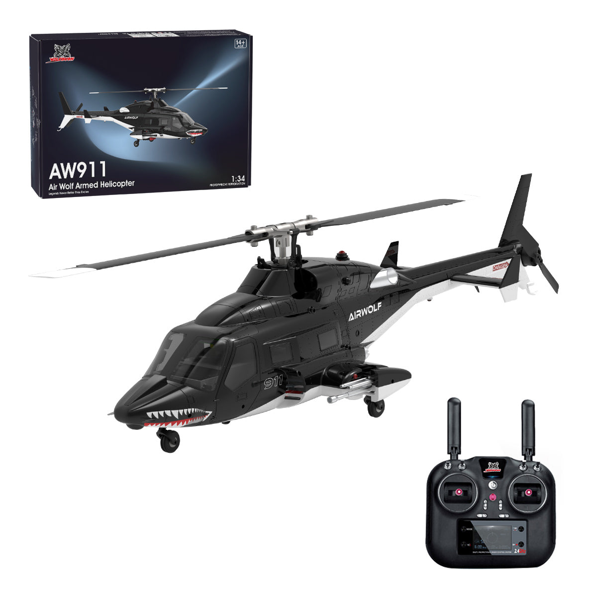 WOLFBUSH AW-911 Airwolf 1/34 Scale RC Helicopter Smart GPS 2.4G 9CH 6G/3D Stunt RC Airplane - stirlingkit