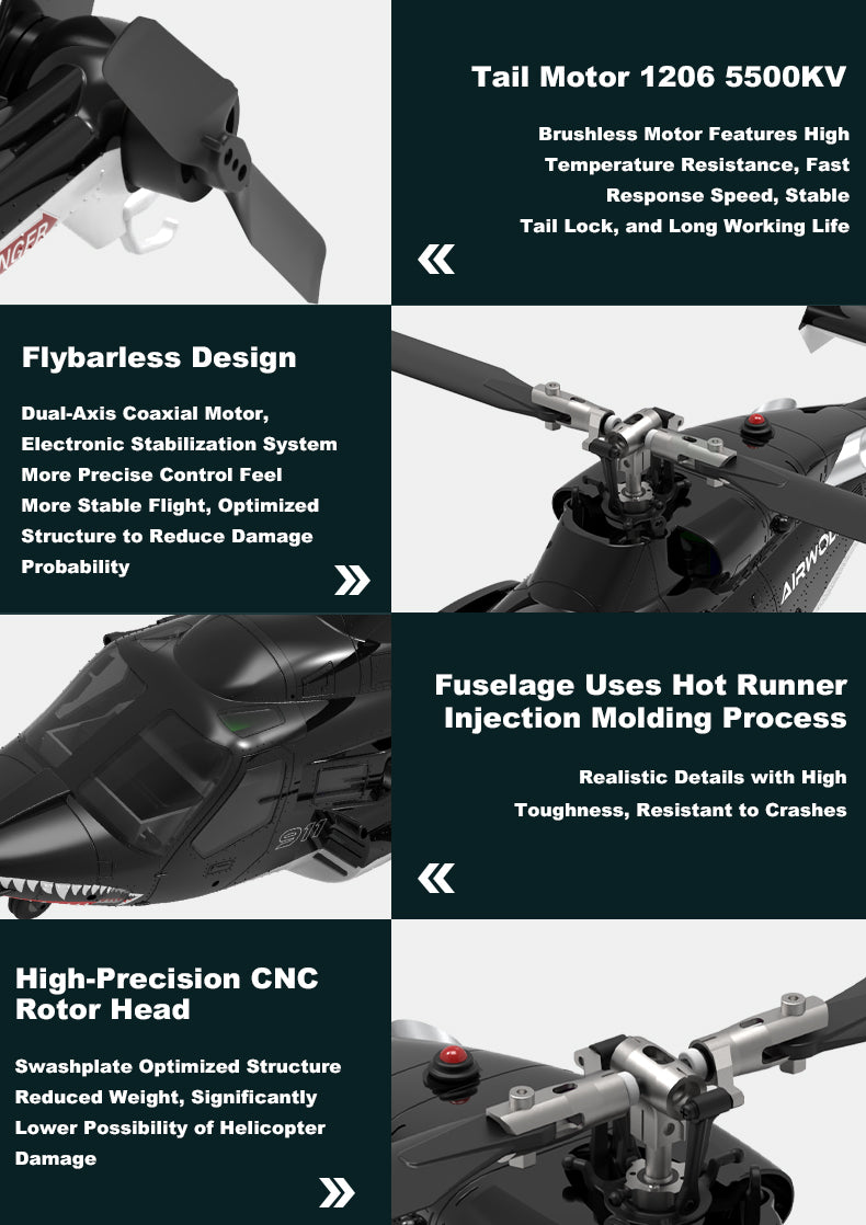 WOLFBUSH AW-911 Airwolf 1/34 Scale RC Helicopter Smart GPS 2.4G 9CH 6G/3D Stunt RC Airplane - stirlingkit